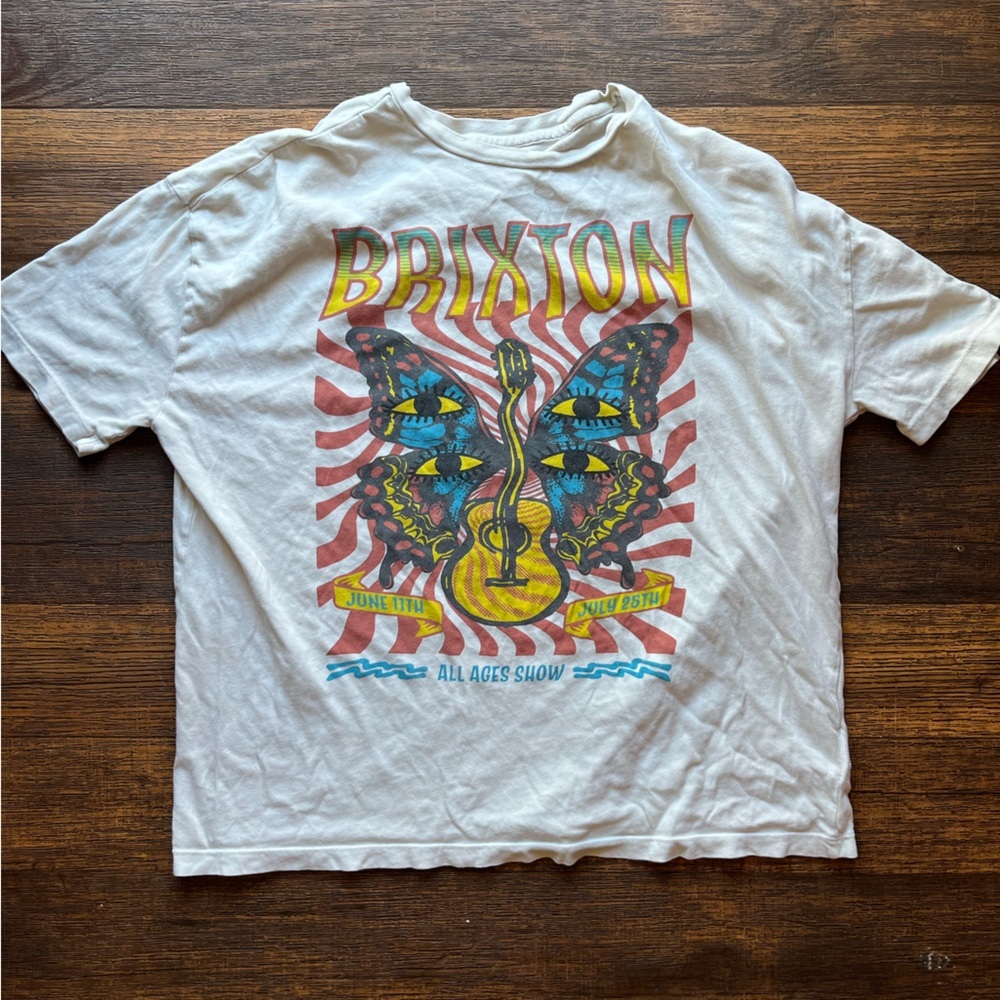 Women's Brixton T-Shirt White Guitar Butterfly XS Hippie Festival Retro BOHO‎ CA